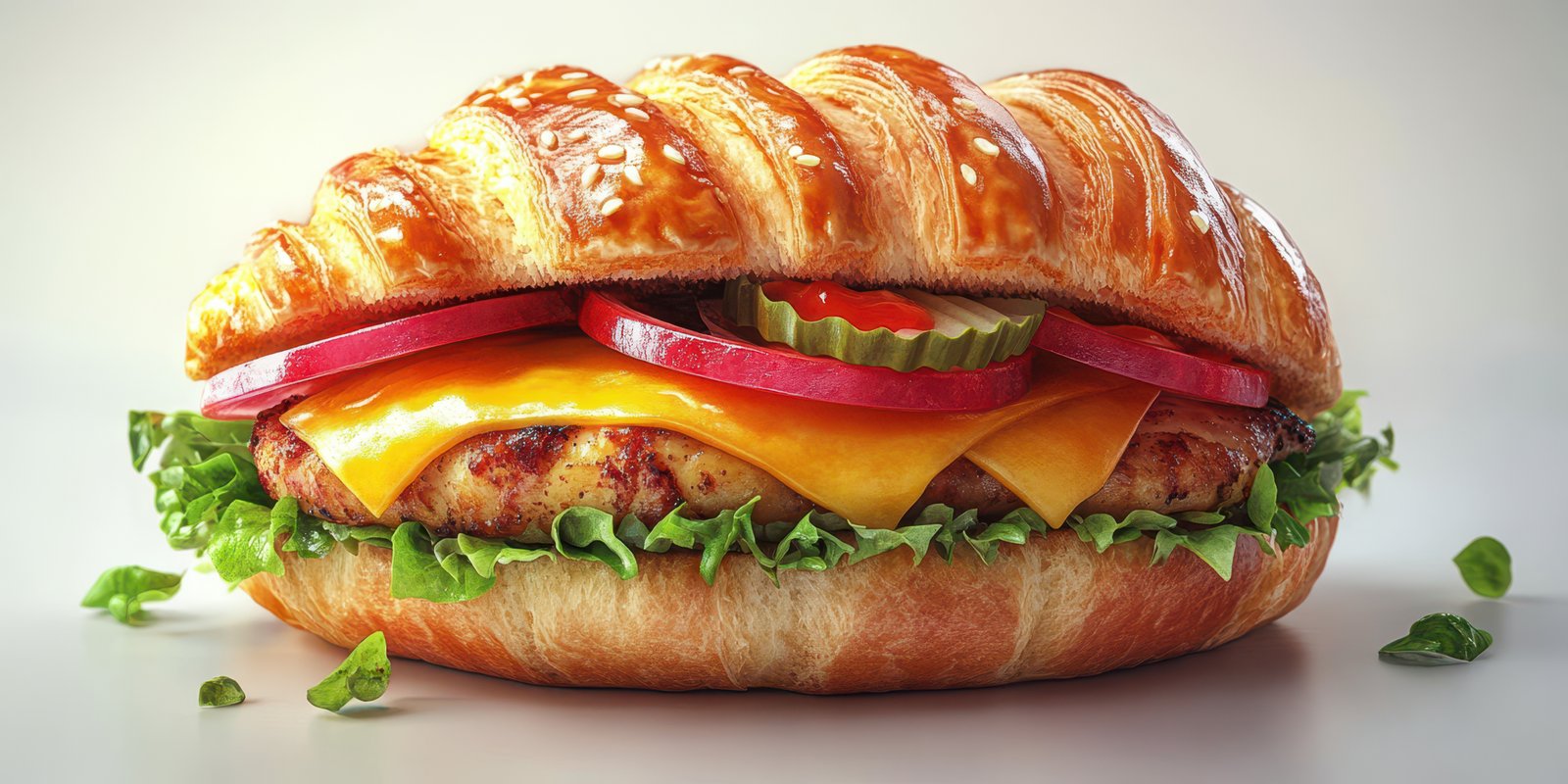 Delicious sandwich with grilled chicken, cheese, and fresh vegetables in a croissant bun served on a white background